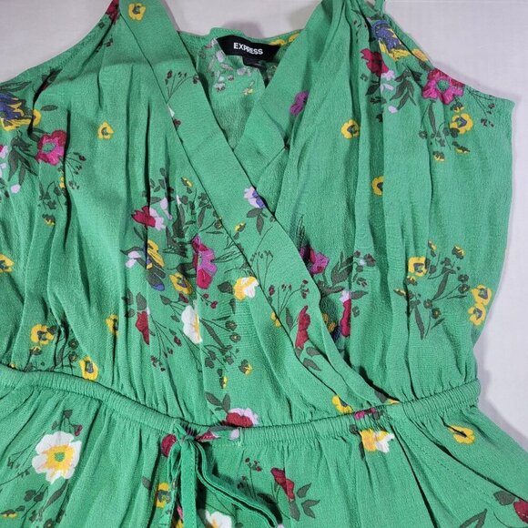 Green Floral Sleeveless Wrap Romper With Adjustable Straps & Elastic Waist By Ex - Picture 2 of 11